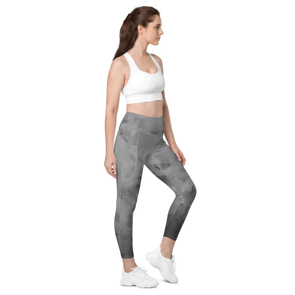 Grey Abstract Women's Leggings, Abstract Best Leggings With Pockets For Women - Made in USA/EU/MX