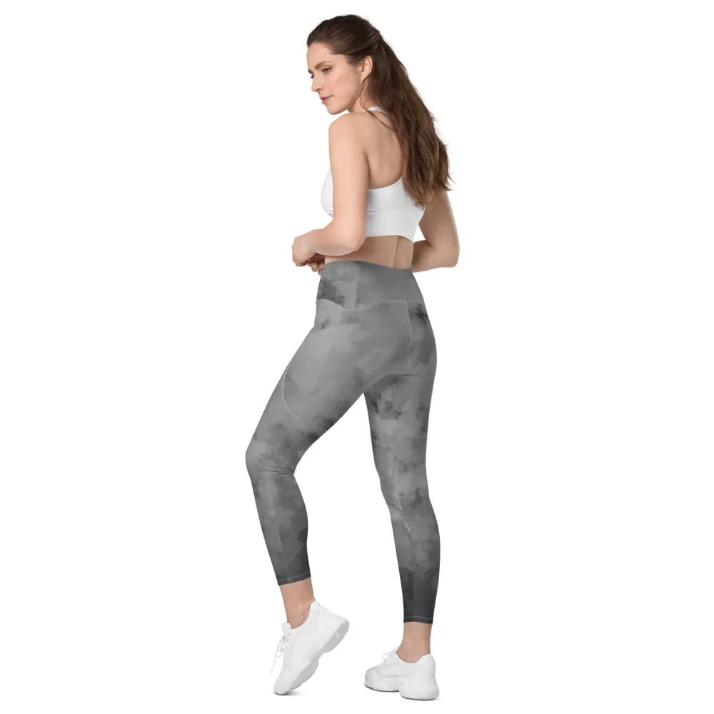Grey Abstract Women's Leggings, Abstract Best Leggings With Pockets For Women - Made in USA/EU/MX