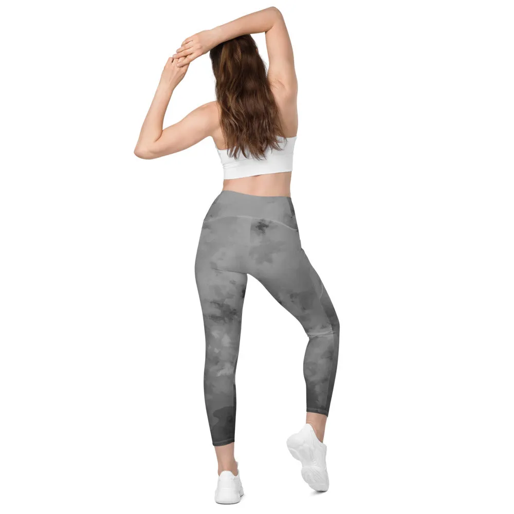 Grey Abstract Women's Leggings, Abstract Best Leggings With Pockets For Women - Made in USA/EU/MX