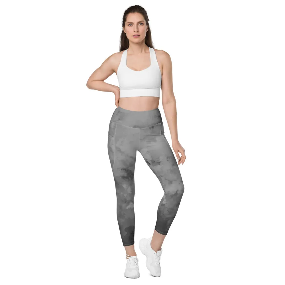Grey Abstract Women's Leggings, Abstract Best Leggings With Pockets For Women - Made in USA/EU/MX