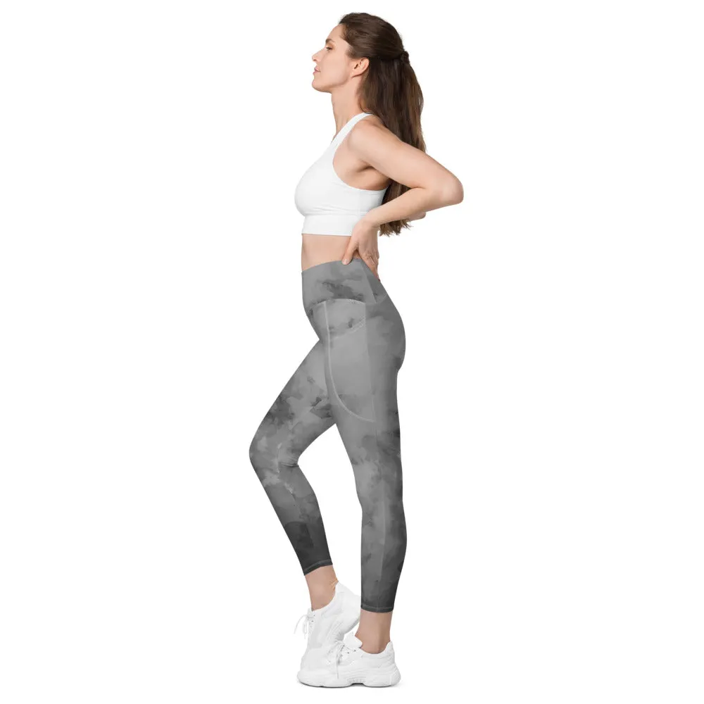 Grey Abstract Women's Leggings, Abstract Best Leggings With Pockets For Women - Made in USA/EU/MX
