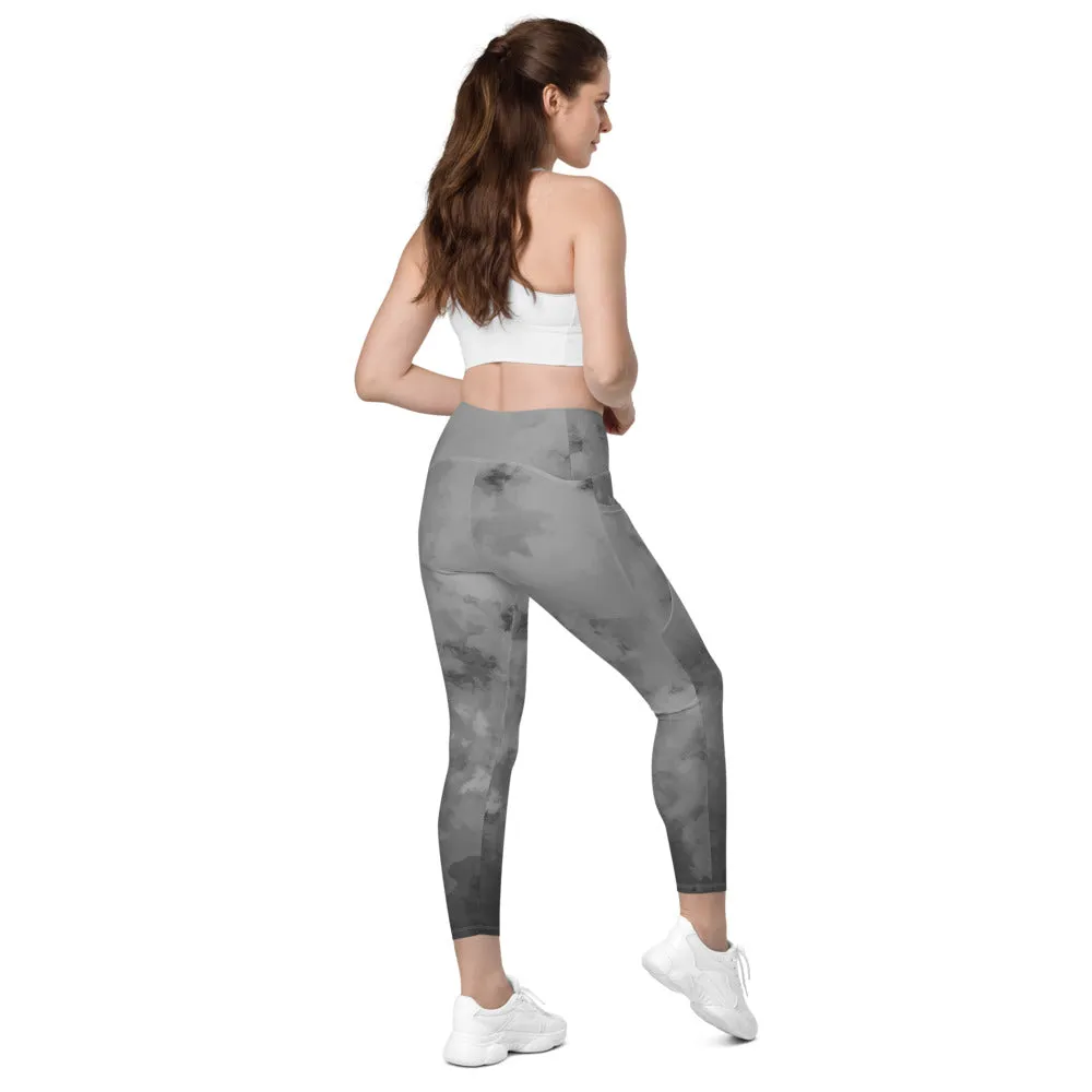 Grey Abstract Women's Leggings, Abstract Best Leggings With Pockets For Women - Made in USA/EU/MX