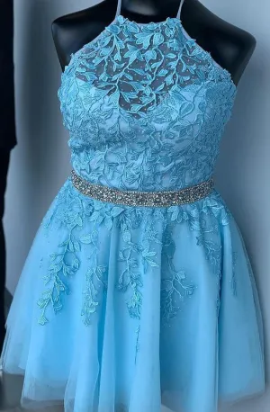 Halter neck Sky Blue Tulle Homecoming Dresses with Appliques and Beading,Short Prom Dresses,Dance Dress BP370