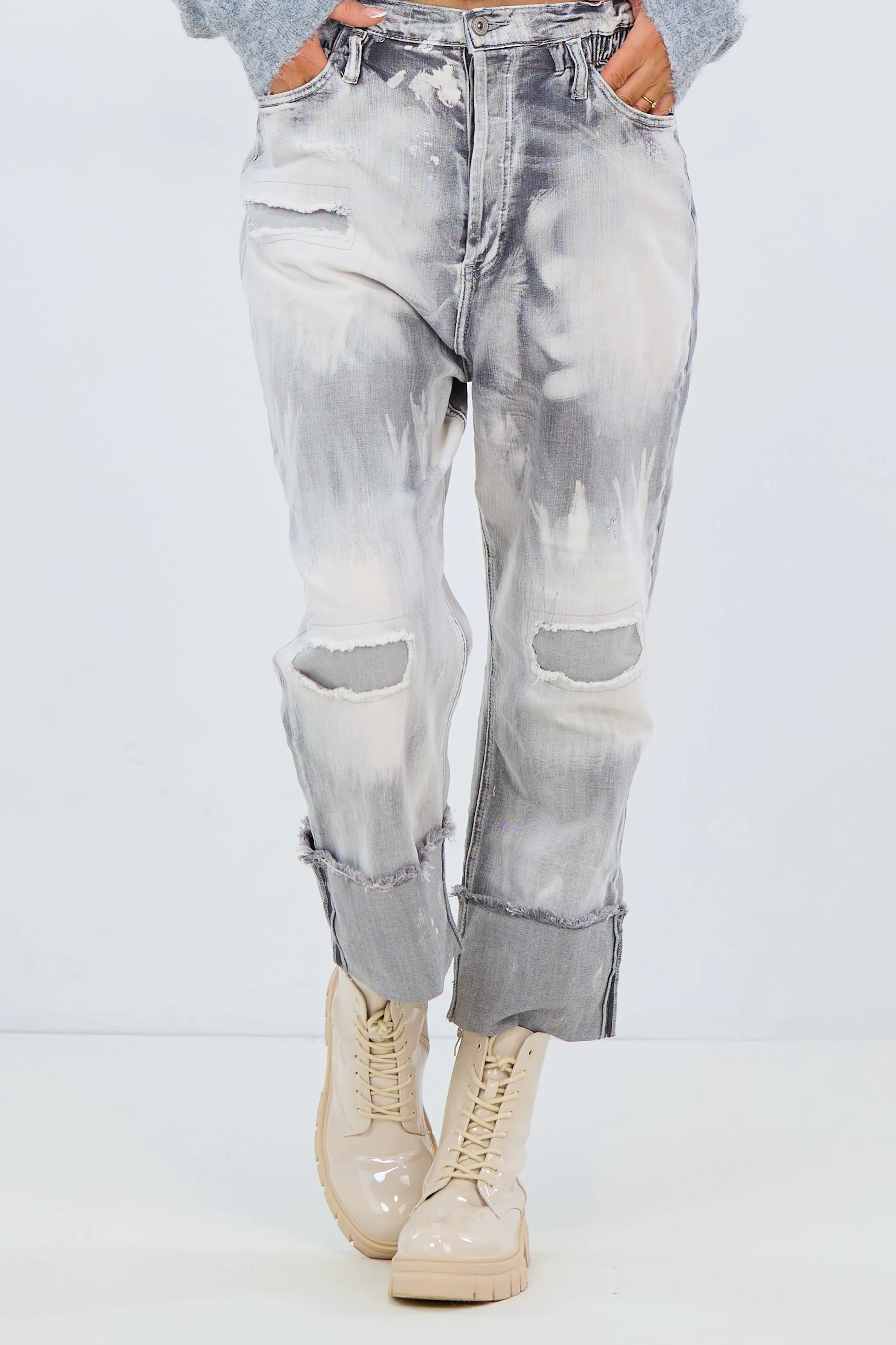 High Waist Jeans mit breitem Aufschlag, hellgrau
