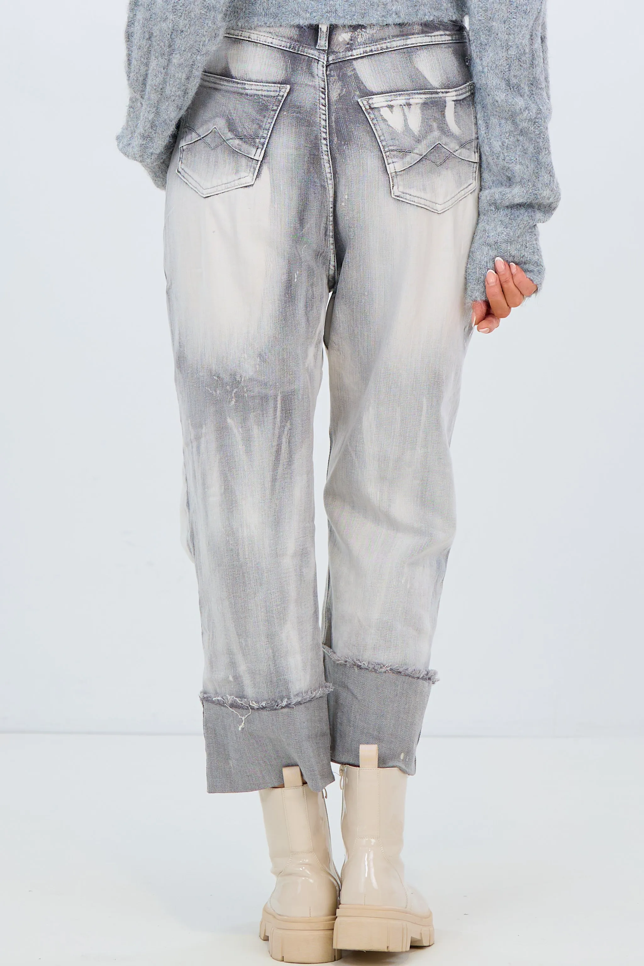 High Waist Jeans mit breitem Aufschlag, hellgrau
