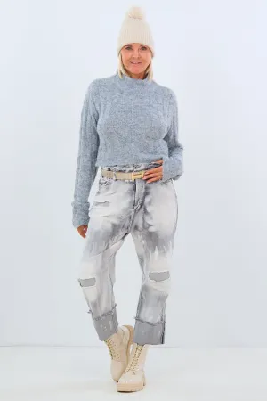 High Waist Jeans mit breitem Aufschlag, hellgrau
