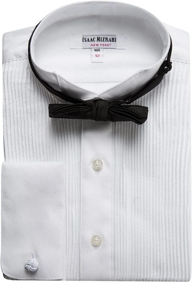 Isaac Mizrahi Boy's 100% Cotton Long Sleeve Wing Tip Collar Tuxedo Shirt with Bowtie