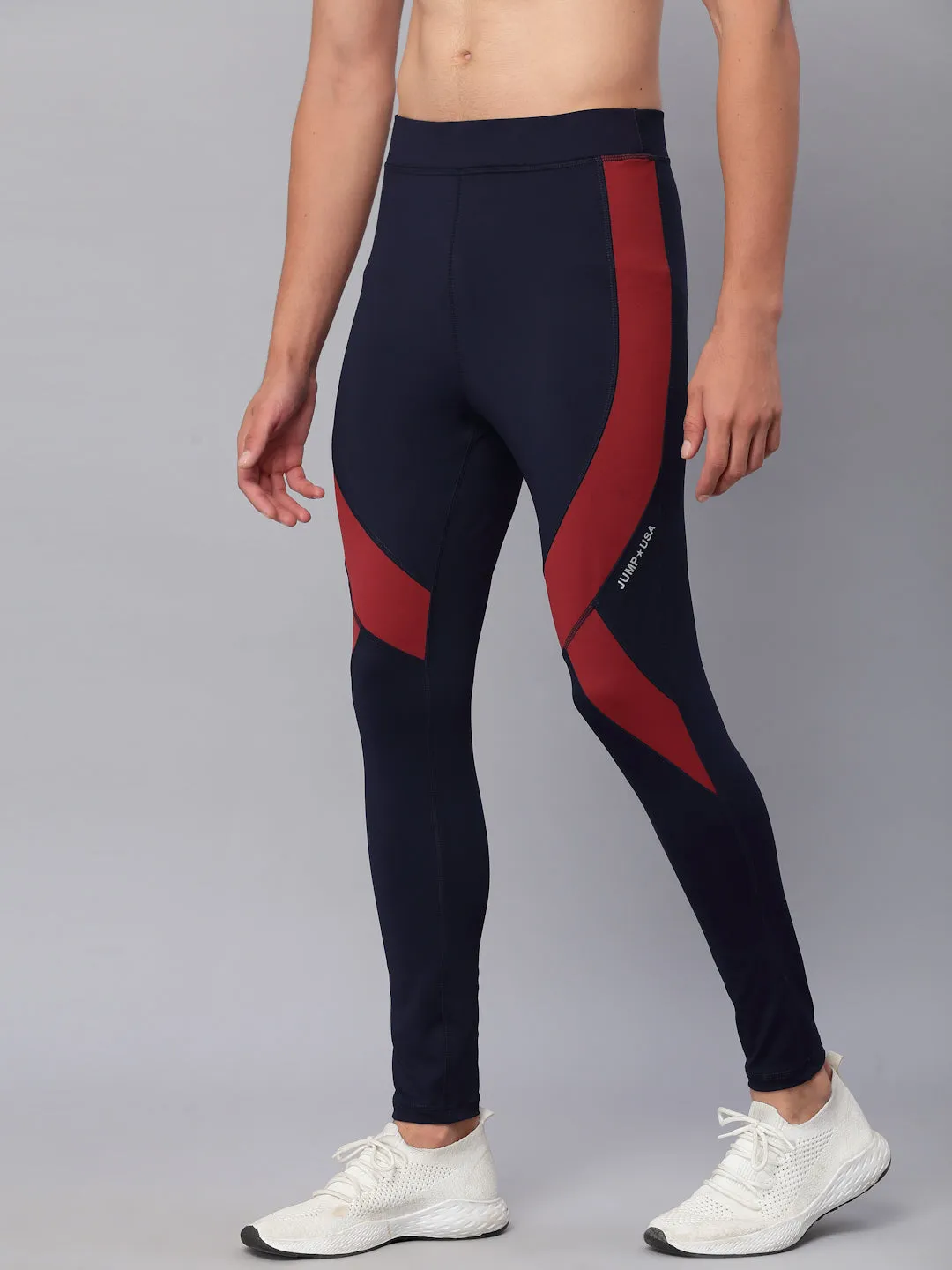 JUMP USA Men Navy Blue & Maroon Rapid Dry-Fit Antimicrobial Running Tights