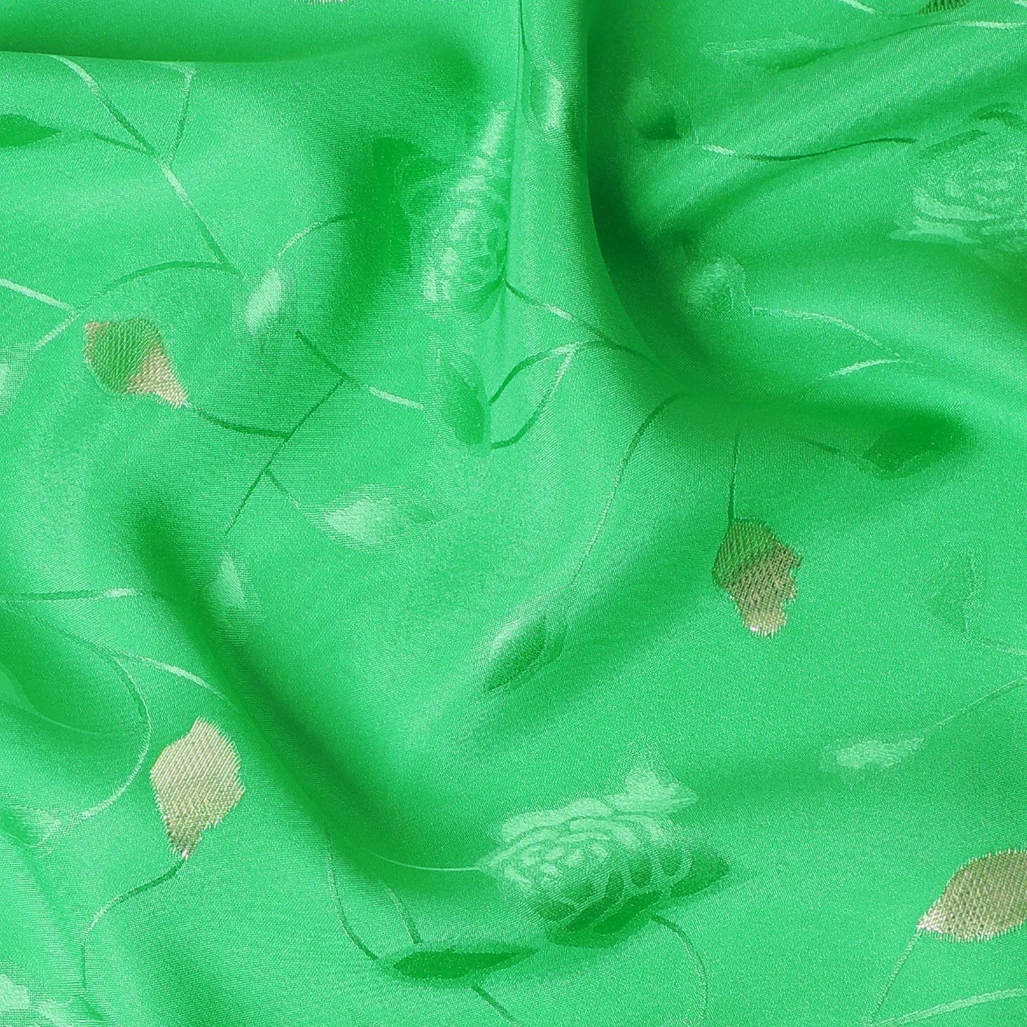 Kelly green Premium pure silk crepe fabric with same tone jacquard and gold metallic lurex in dot design-D14633