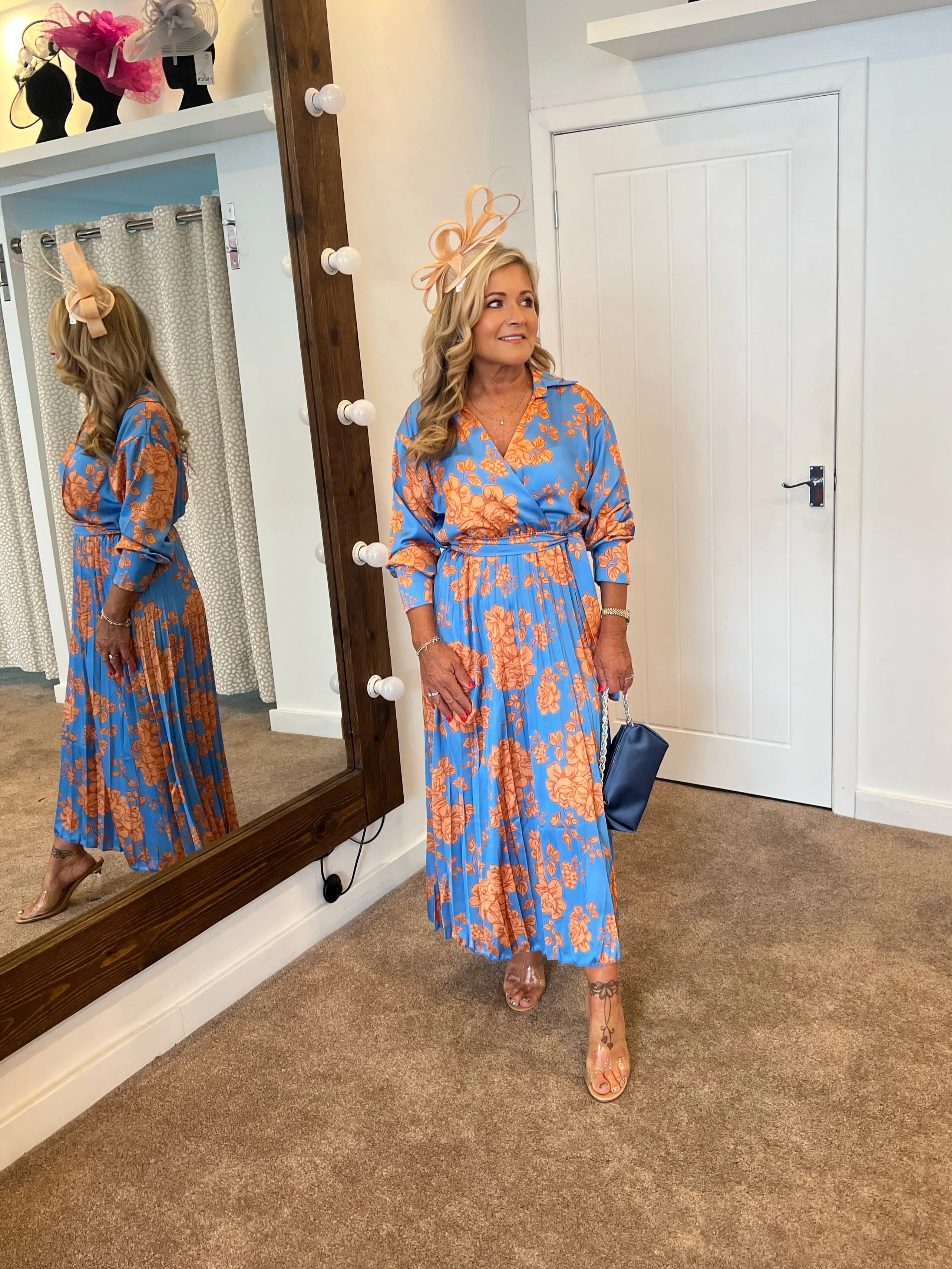 Kira wrap over pleated balloon sleeve midi dress in  cornflour blue