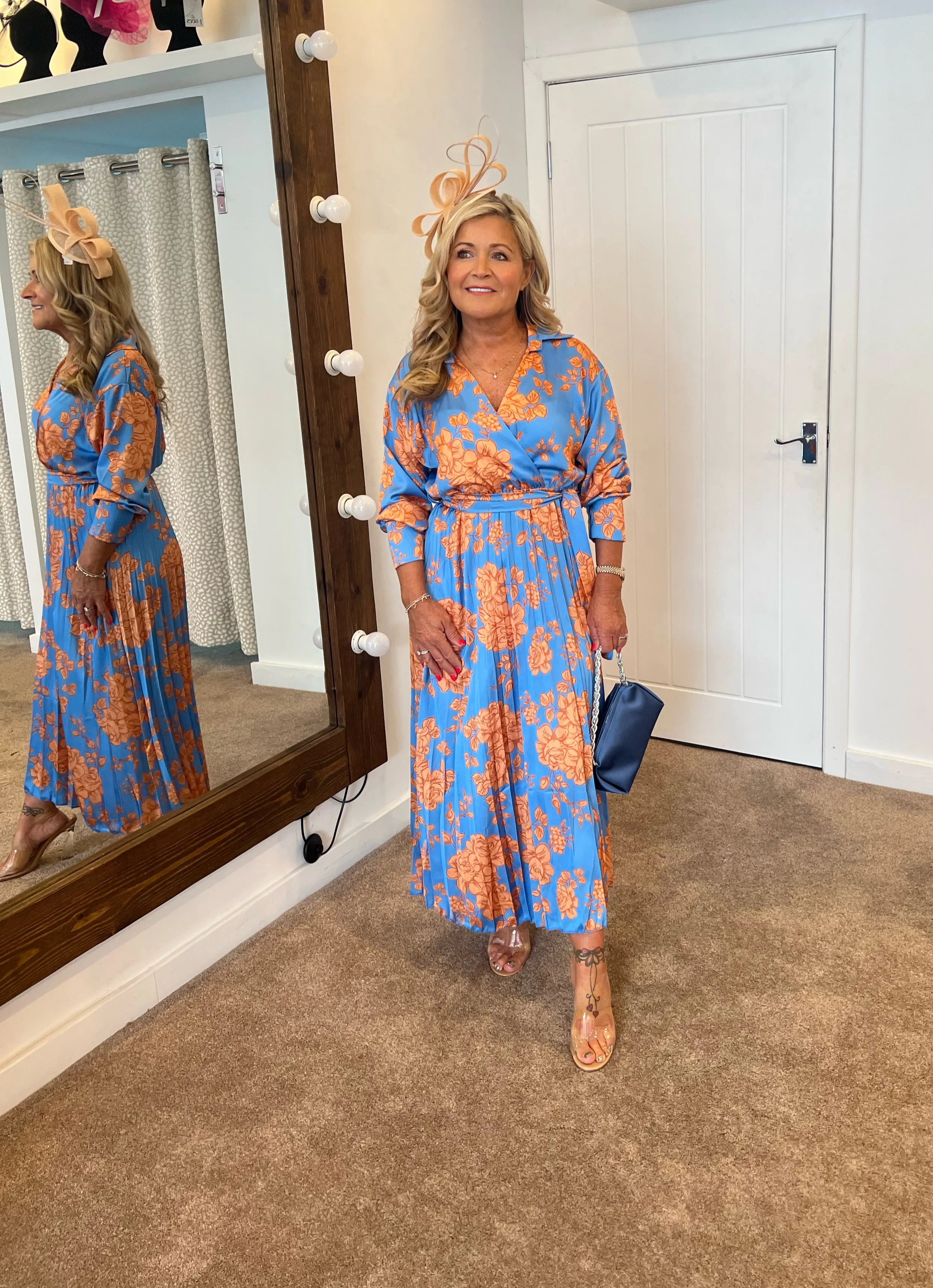 Kira wrap over pleated balloon sleeve midi dress in  cornflour blue