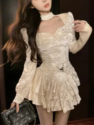LANFUBEISI Summer butterfly tie fairy princess dress  new sequin mesh sweet girl puff sleeve dress dress for women short prom dress