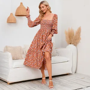 Long Sleeve Chiffon Square Neck Floral Dress