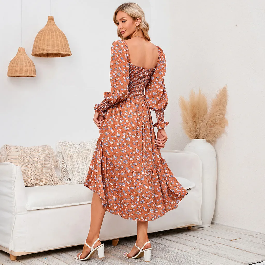 Long Sleeve Chiffon Square Neck Floral Dress