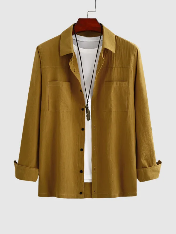 Men's Solid Color Cotton Linen Long Sleeve Casual Shirt