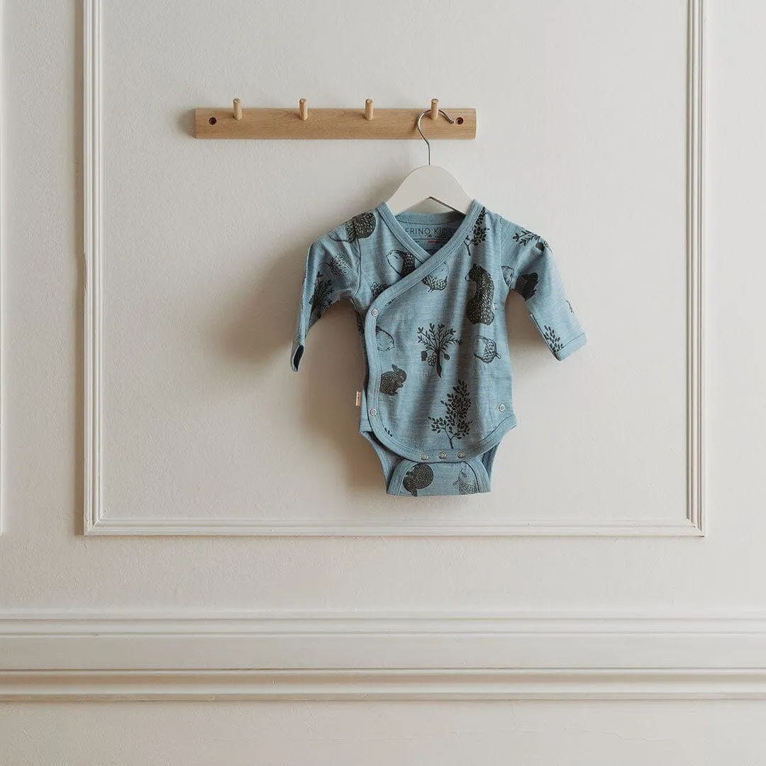 Merino Kids Cocooi Long Sleeve Kimono Bodysuit - Bear Print - Sky Blue