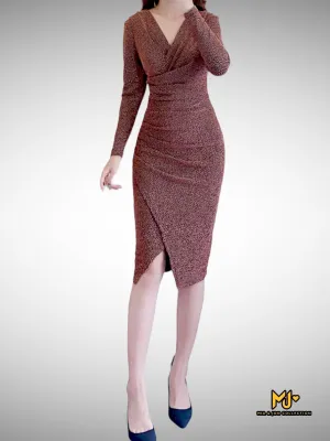 MJV1752 Glitter Long Sleeve Faux Wrap Slit Party Dress
