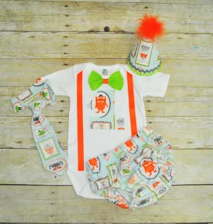 Monster birthday outfit, Monster cake smash , 1st 2nd 3rd  birthday, Monsters Shirt, lime green, orange, 1st birthday outfit, part hat