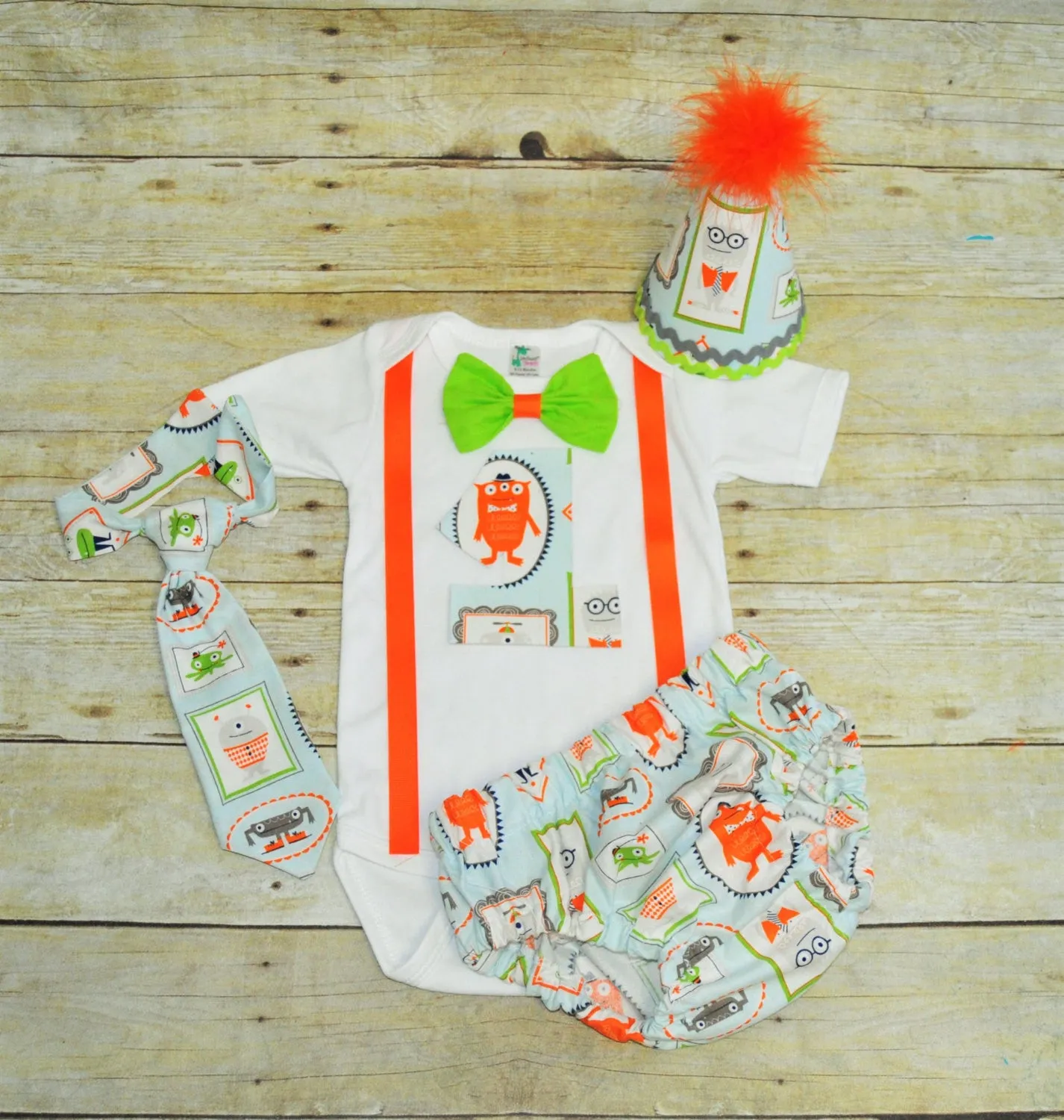 Monster birthday outfit, Monster cake smash , 1st 2nd 3rd  birthday, Monsters Shirt, lime green, orange, 1st birthday outfit, part hat