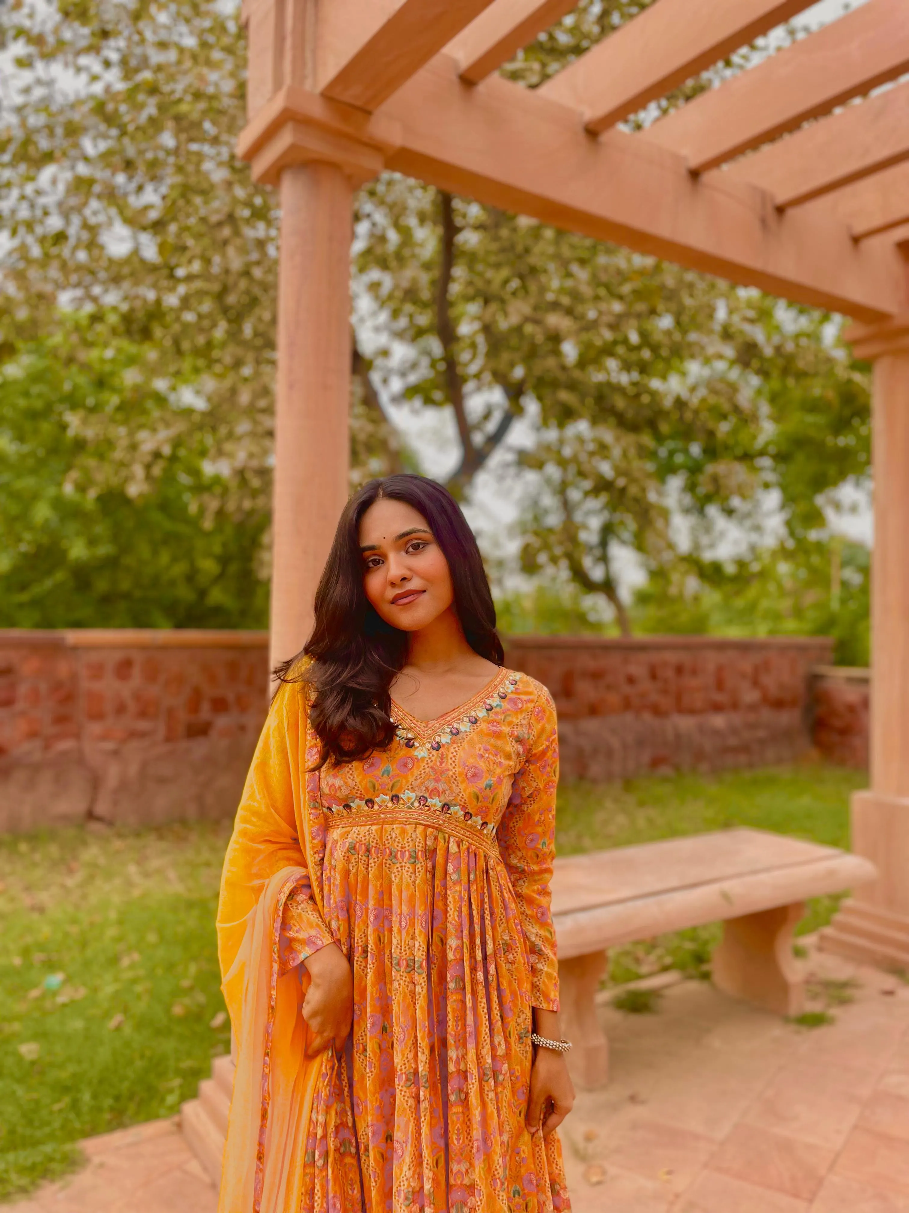 Mustard yellow Rakhi Special Party Wear Alia Cut Anarkali Dress with Dupatta and Pant