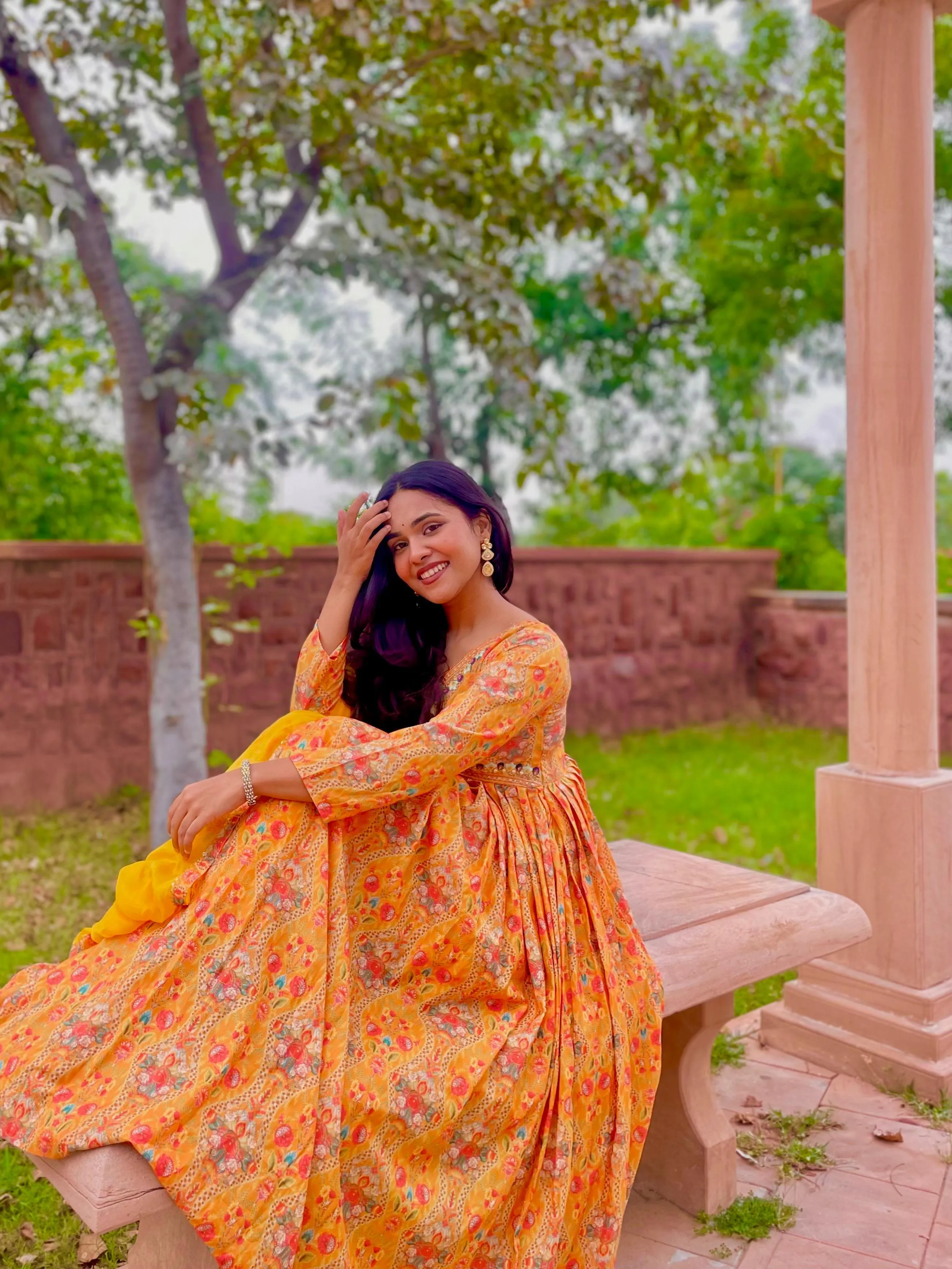 Mustard yellow Rakhi Special Party Wear Alia Cut Anarkali Dress with Dupatta and Pant