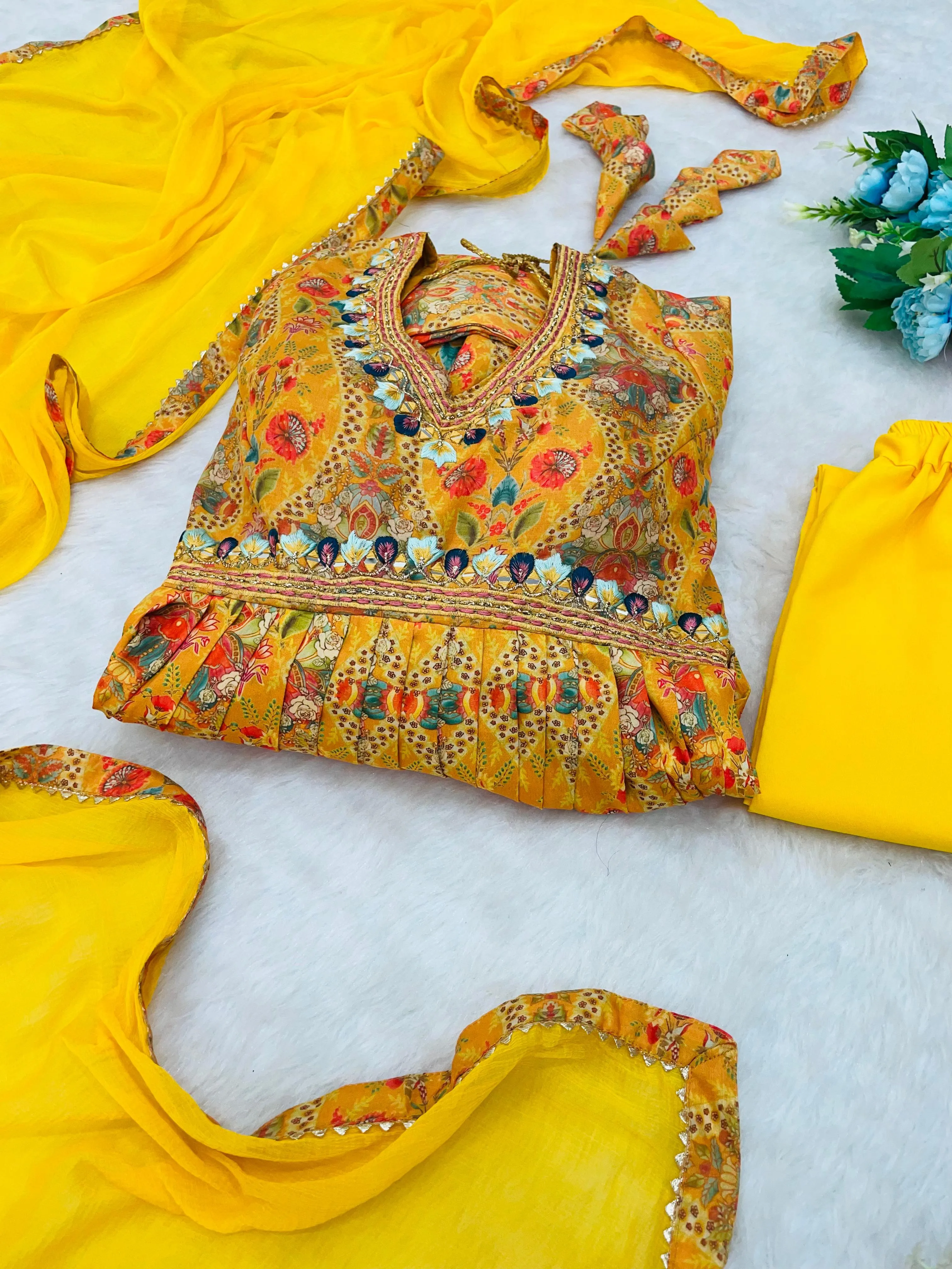 Mustard yellow Rakhi Special Party Wear Alia Cut Anarkali Dress with Dupatta and Pant