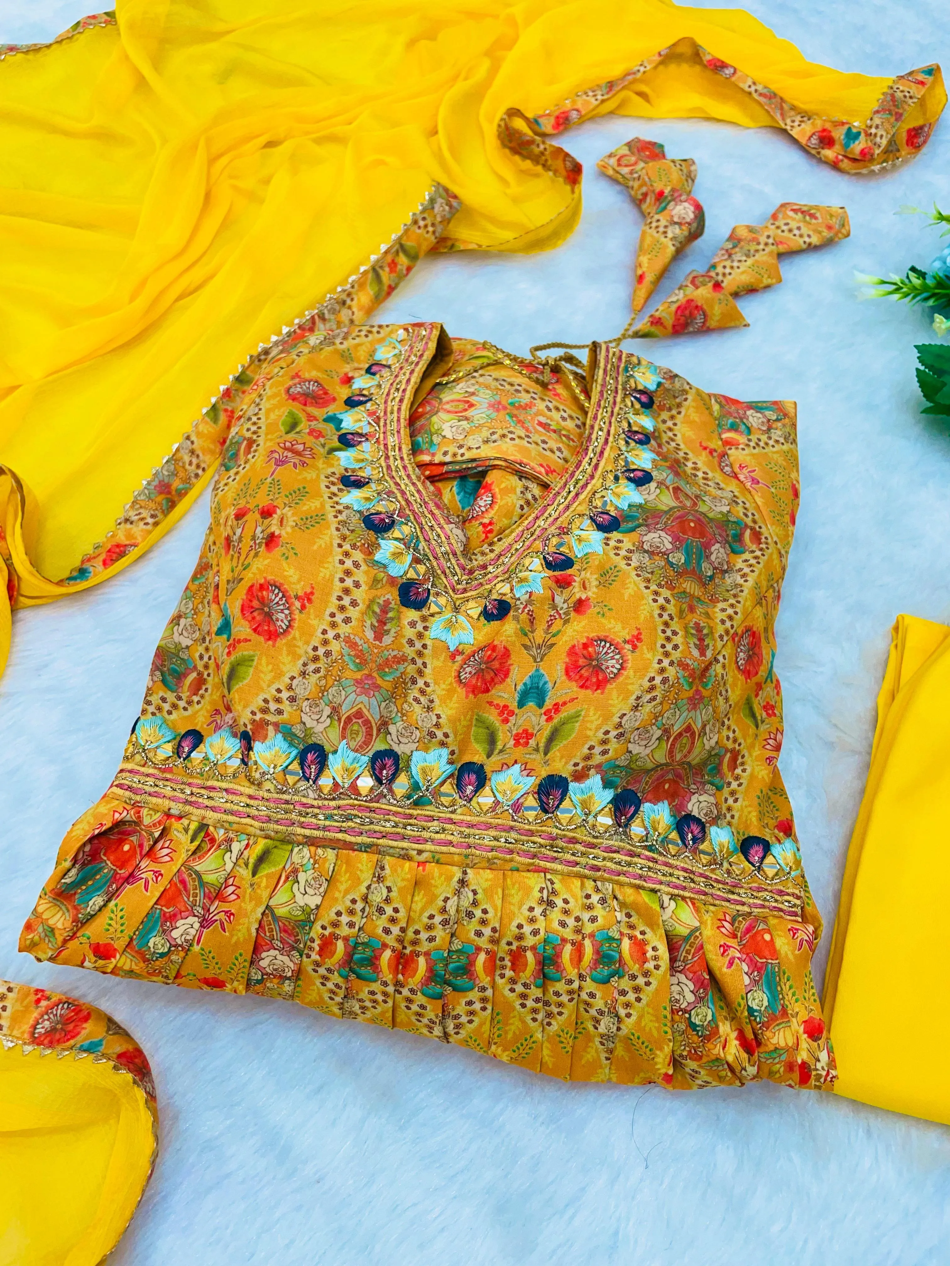 Mustard yellow Rakhi Special Party Wear Alia Cut Anarkali Dress with Dupatta and Pant