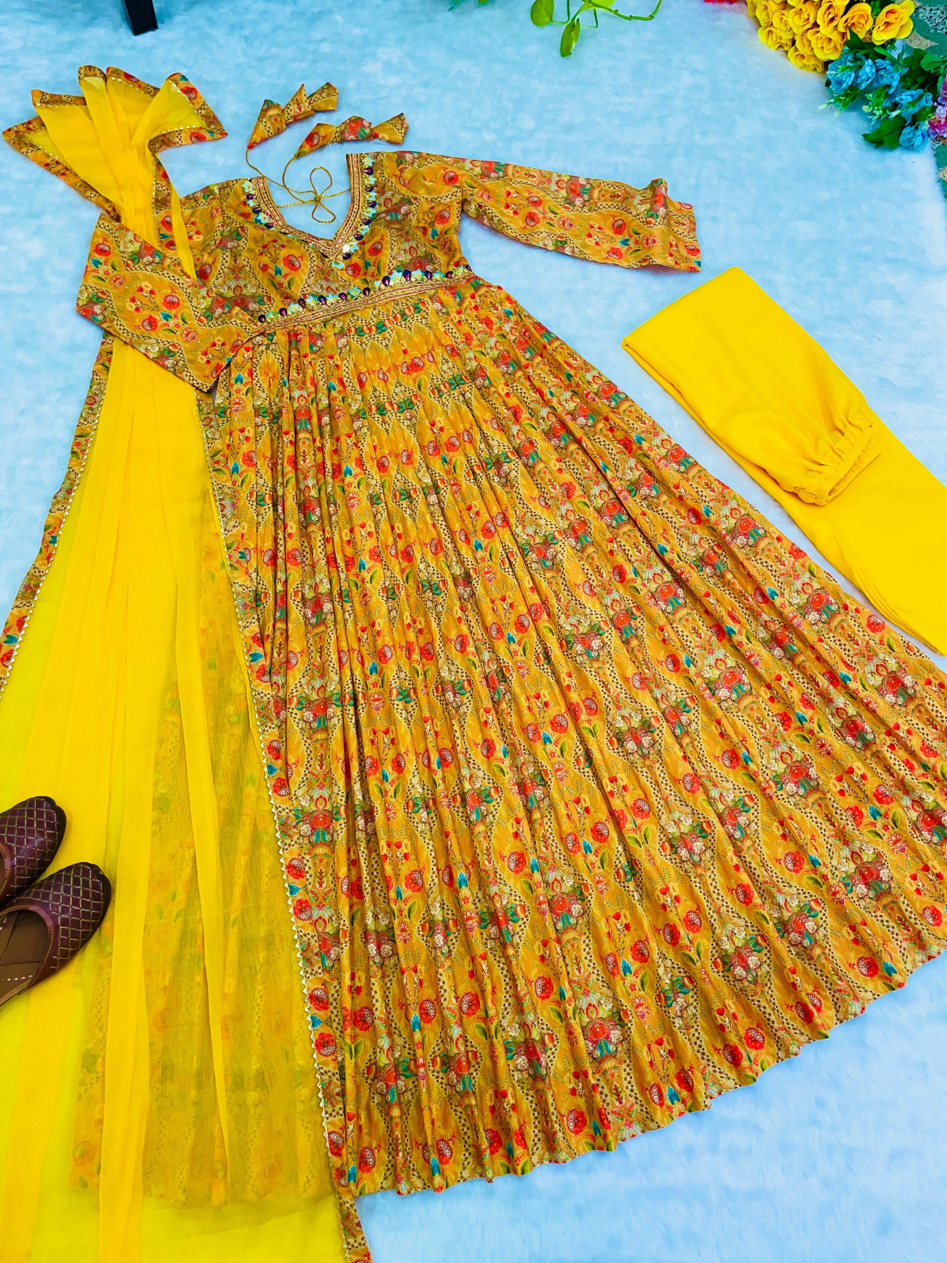 Mustard yellow Rakhi Special Party Wear Alia Cut Anarkali Dress with Dupatta and Pant
