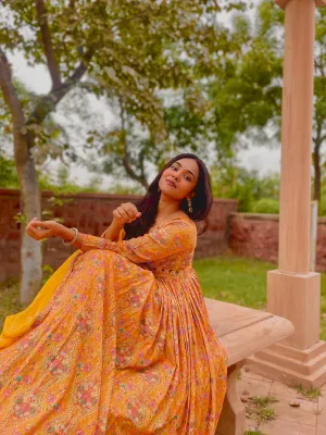 Mustard yellow Rakhi Special Party Wear Alia Cut Anarkali Dress with Dupatta and Pant