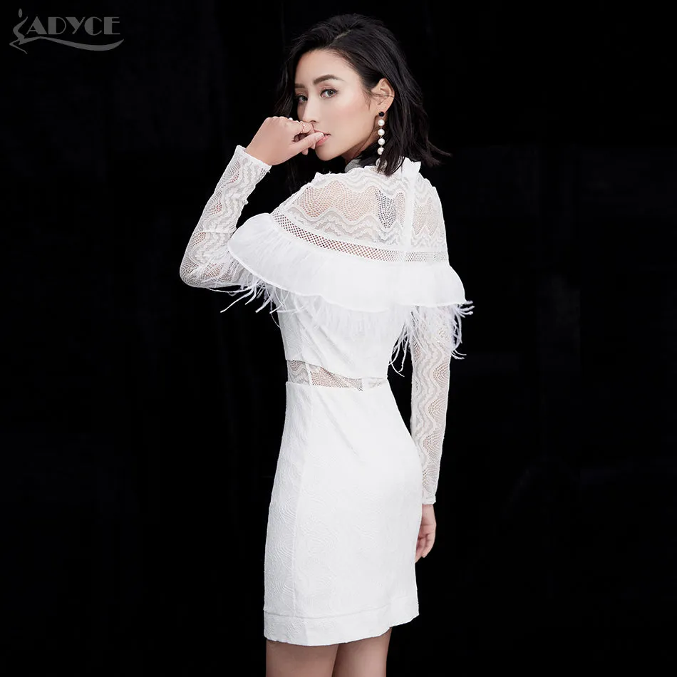 O Neck Feathers Lace Hollow Out Patchwork Long Sleeve Dresses