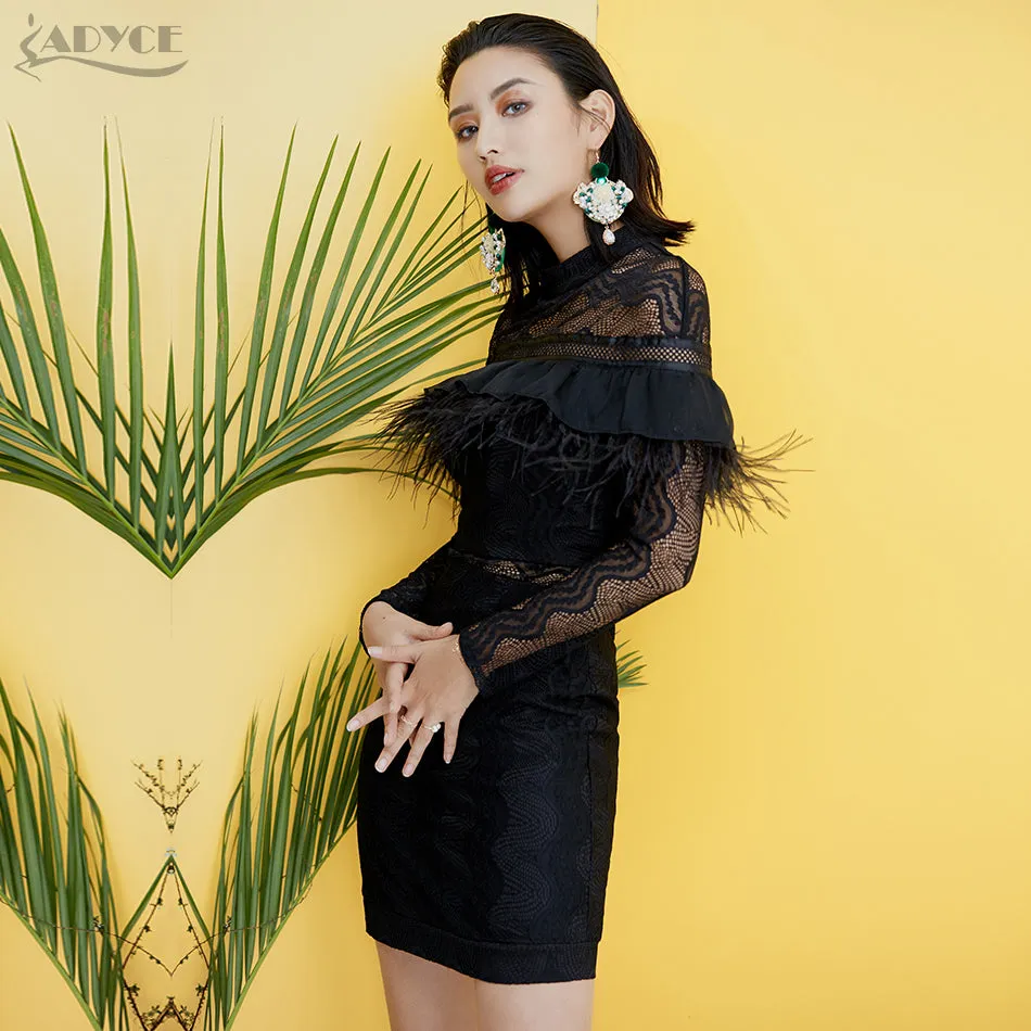 O Neck Feathers Lace Hollow Out Patchwork Long Sleeve Dresses