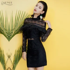 O Neck Feathers Lace Hollow Out Patchwork Long Sleeve Dresses