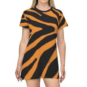 Orange Zebra Print T-Shirt Dress, Zebra Animal Print Crew Neck Long Tee Shirt Dress - Made in USA