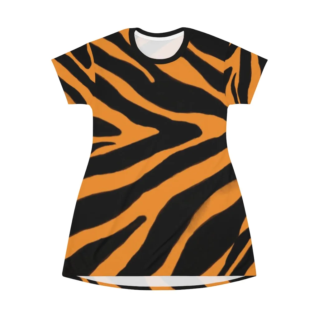 Orange Zebra Print T-Shirt Dress, Zebra Animal Print Crew Neck Long Tee Shirt Dress - Made in USA