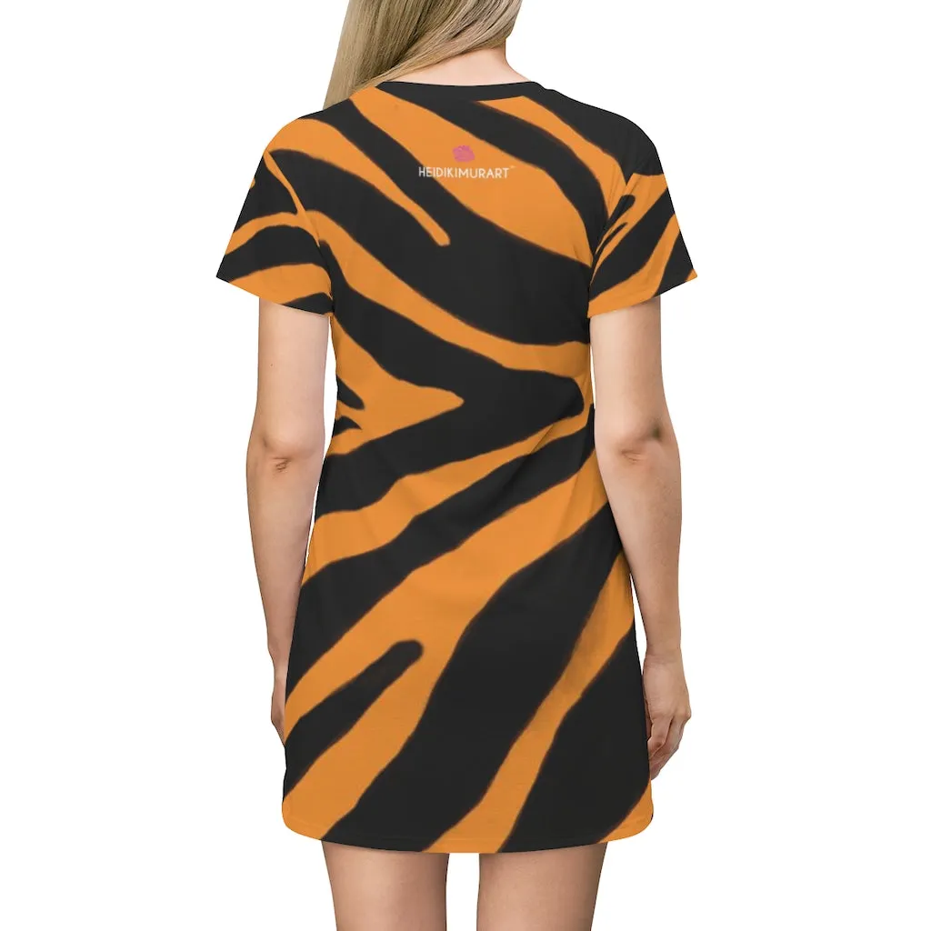 Orange Zebra Print T-Shirt Dress, Zebra Animal Print Crew Neck Long Tee Shirt Dress - Made in USA