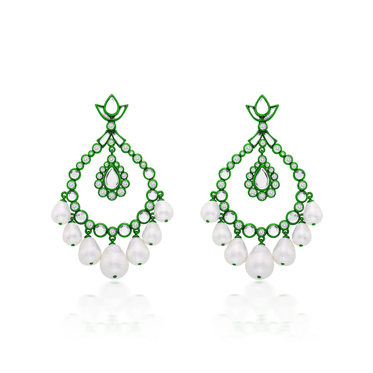 Parakeet Green Elongated Crystal Pearl Earrings
