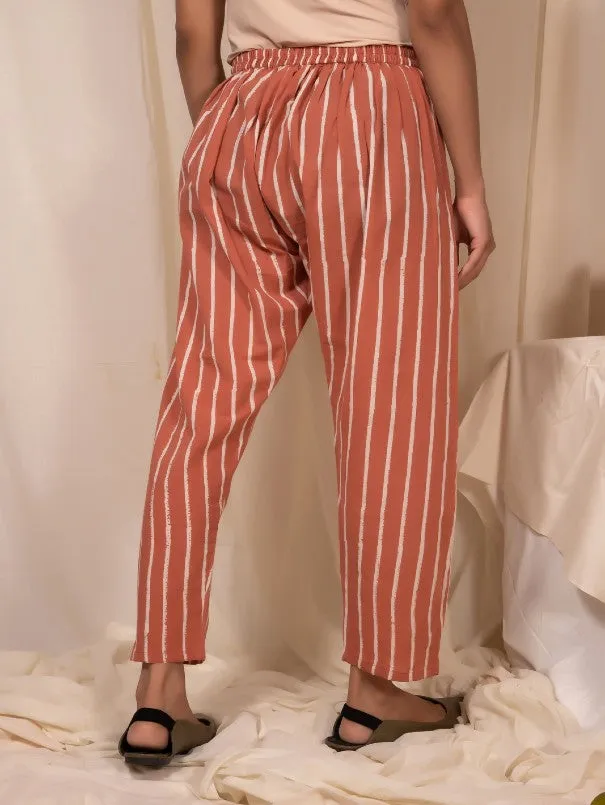 Peach Cotton Striped Pants