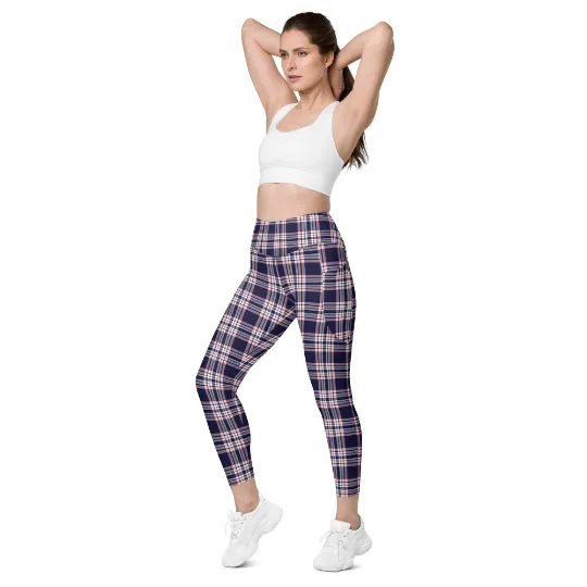 Plaid Women Leggings with Pockets, Purple Pink Tartan Printed Yoga Pants Graphic Workout Running Gym Designer Plus Size Tights