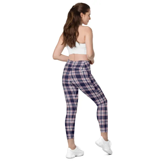 Plaid Women Leggings with Pockets, Purple Pink Tartan Printed Yoga Pants Graphic Workout Running Gym Designer Plus Size Tights