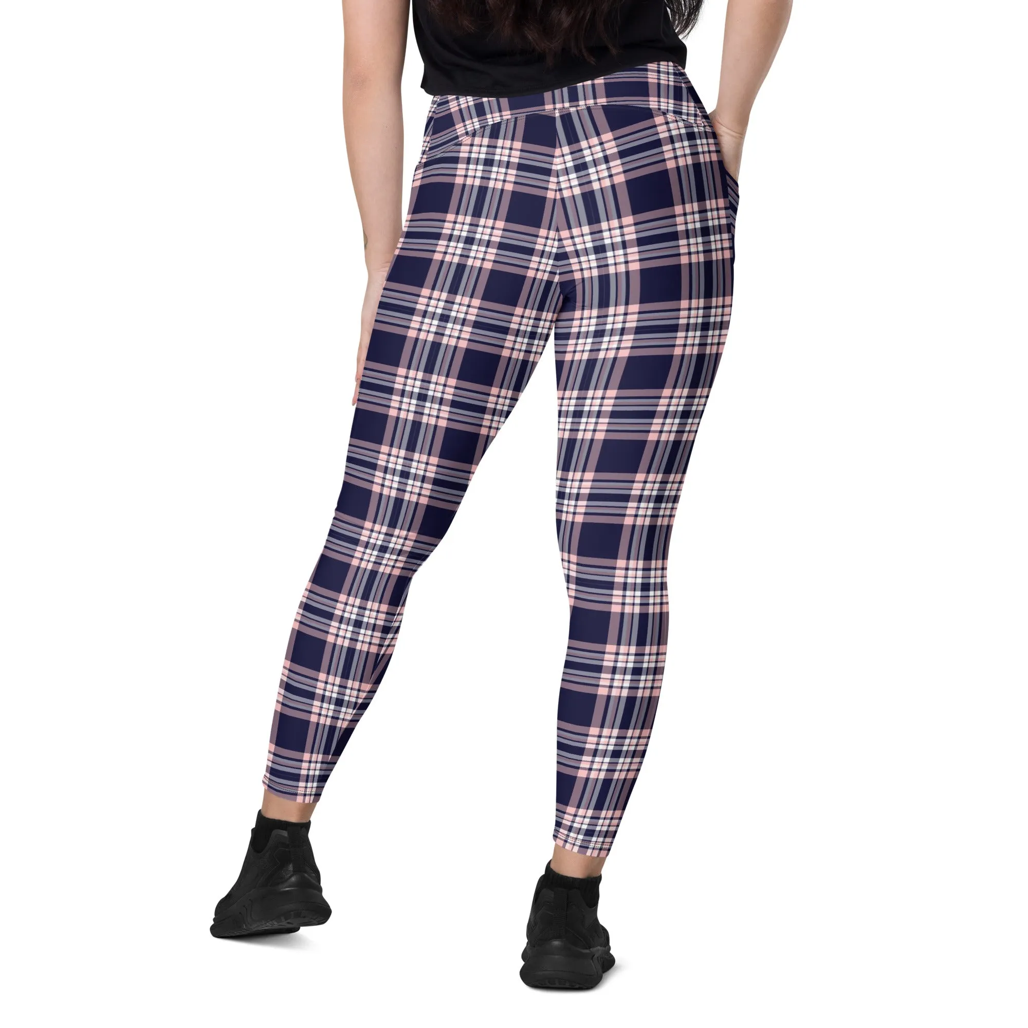 Plaid Women Leggings with Pockets, Purple Pink Tartan Printed Yoga Pants Graphic Workout Running Gym Designer Plus Size Tights