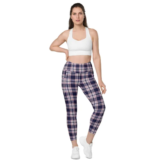 Plaid Women Leggings with Pockets, Purple Pink Tartan Printed Yoga Pants Graphic Workout Running Gym Designer Plus Size Tights