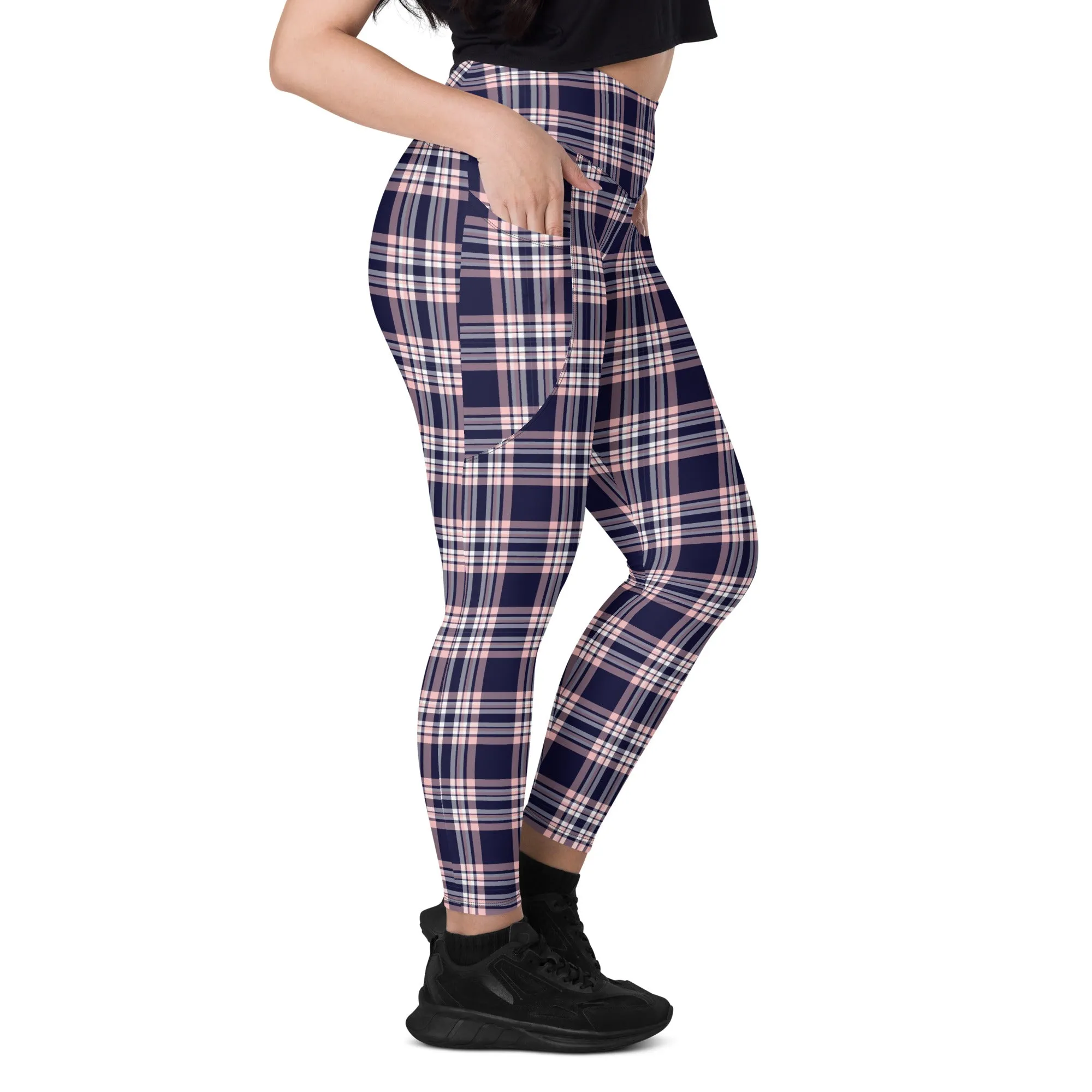 Plaid Women Leggings with Pockets, Purple Pink Tartan Printed Yoga Pants Graphic Workout Running Gym Designer Plus Size Tights