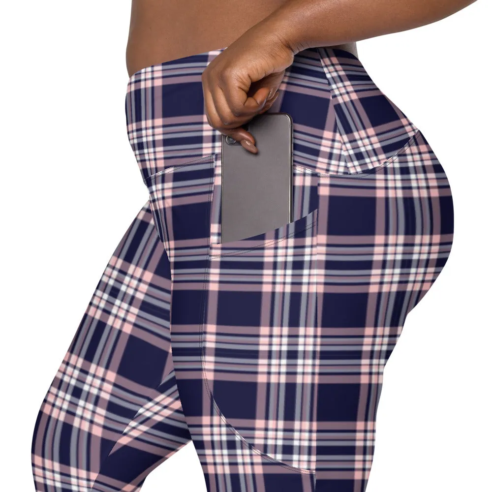 Plaid Women Leggings with Pockets, Purple Pink Tartan Printed Yoga Pants Graphic Workout Running Gym Designer Plus Size Tights