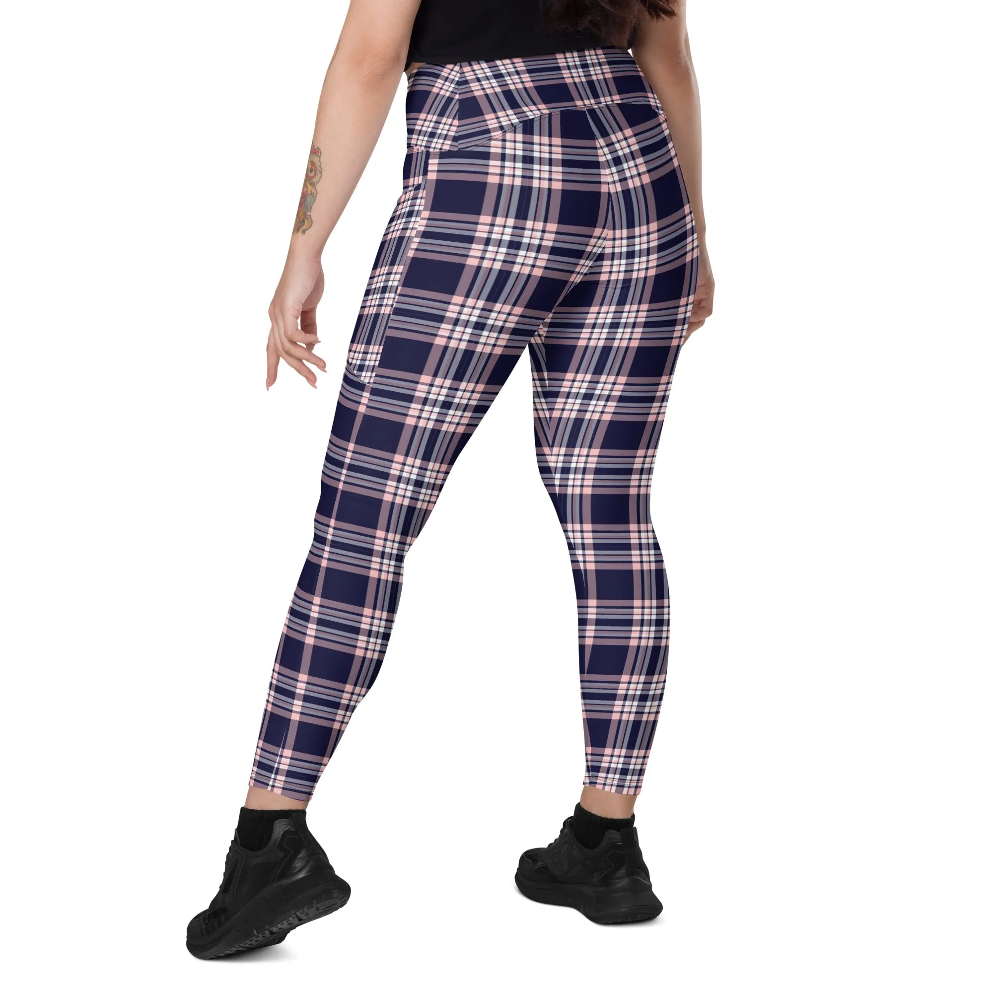 Plaid Women Leggings with Pockets, Purple Pink Tartan Printed Yoga Pants Graphic Workout Running Gym Designer Plus Size Tights