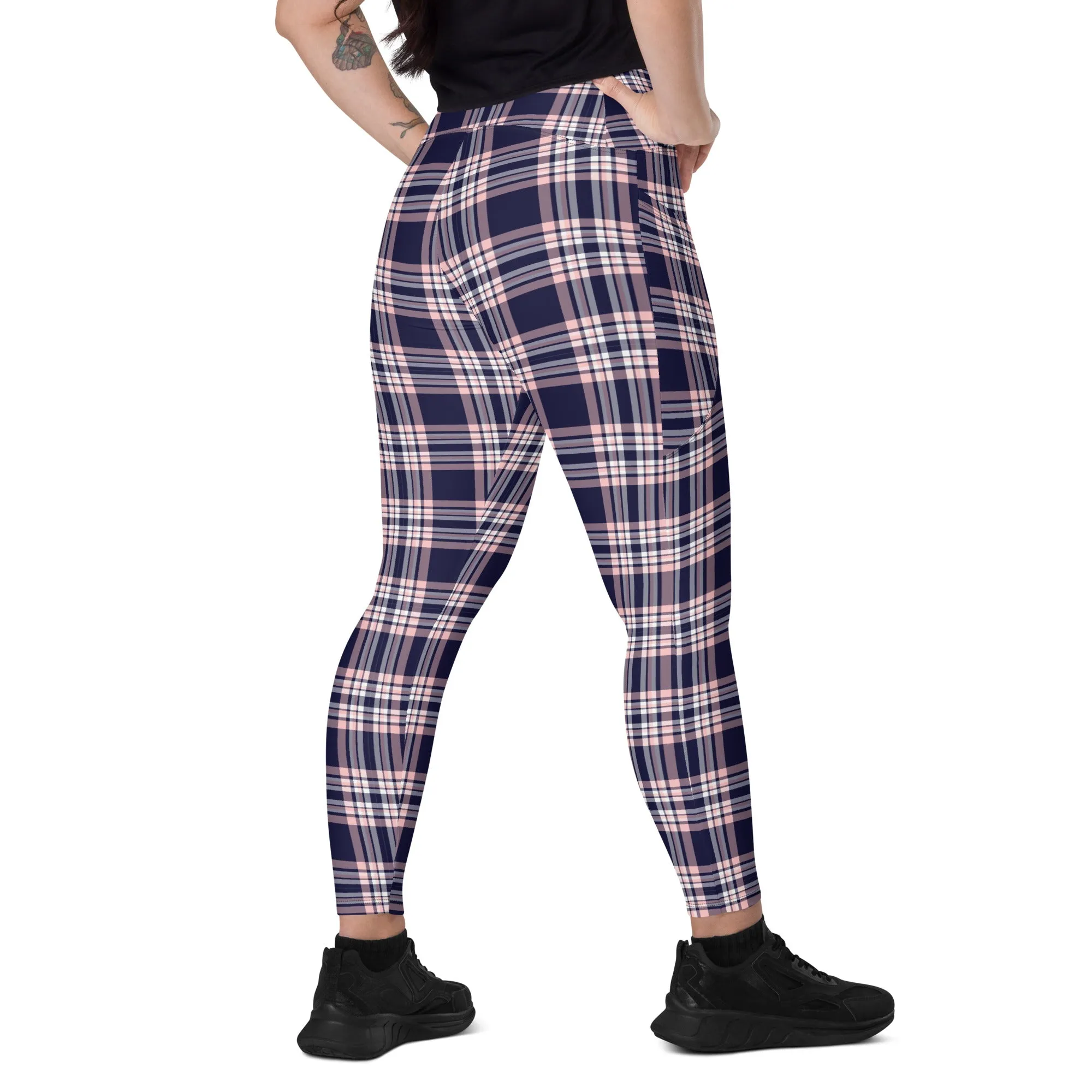 Plaid Women Leggings with Pockets, Purple Pink Tartan Printed Yoga Pants Graphic Workout Running Gym Designer Plus Size Tights