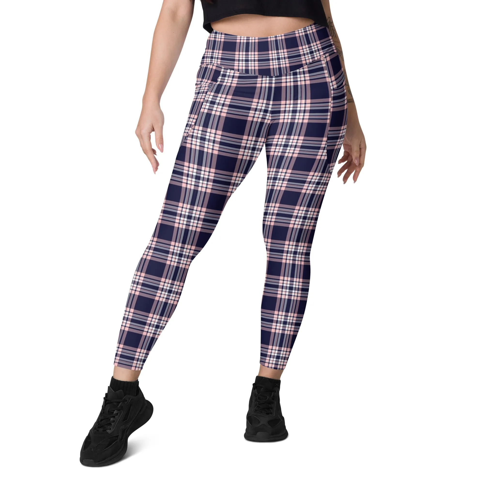 Plaid Women Leggings with Pockets, Purple Pink Tartan Printed Yoga Pants Graphic Workout Running Gym Designer Plus Size Tights