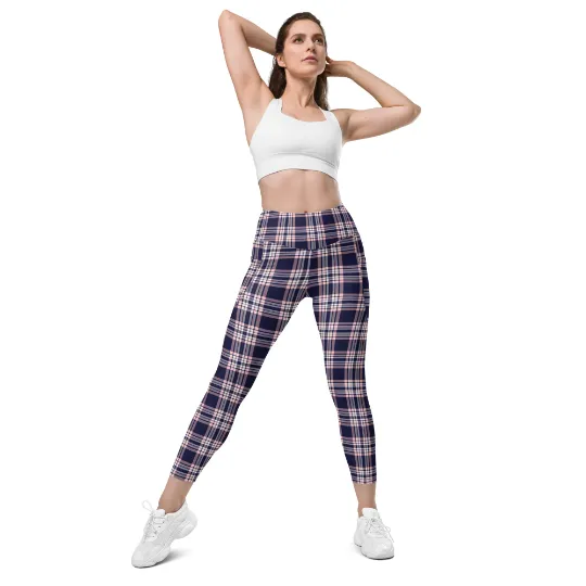 Plaid Women Leggings with Pockets, Purple Pink Tartan Printed Yoga Pants Graphic Workout Running Gym Designer Plus Size Tights