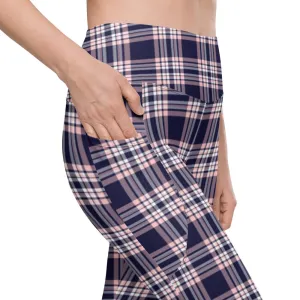 Plaid Women Leggings with Pockets, Purple Pink Tartan Printed Yoga Pants Graphic Workout Running Gym Designer Plus Size Tights