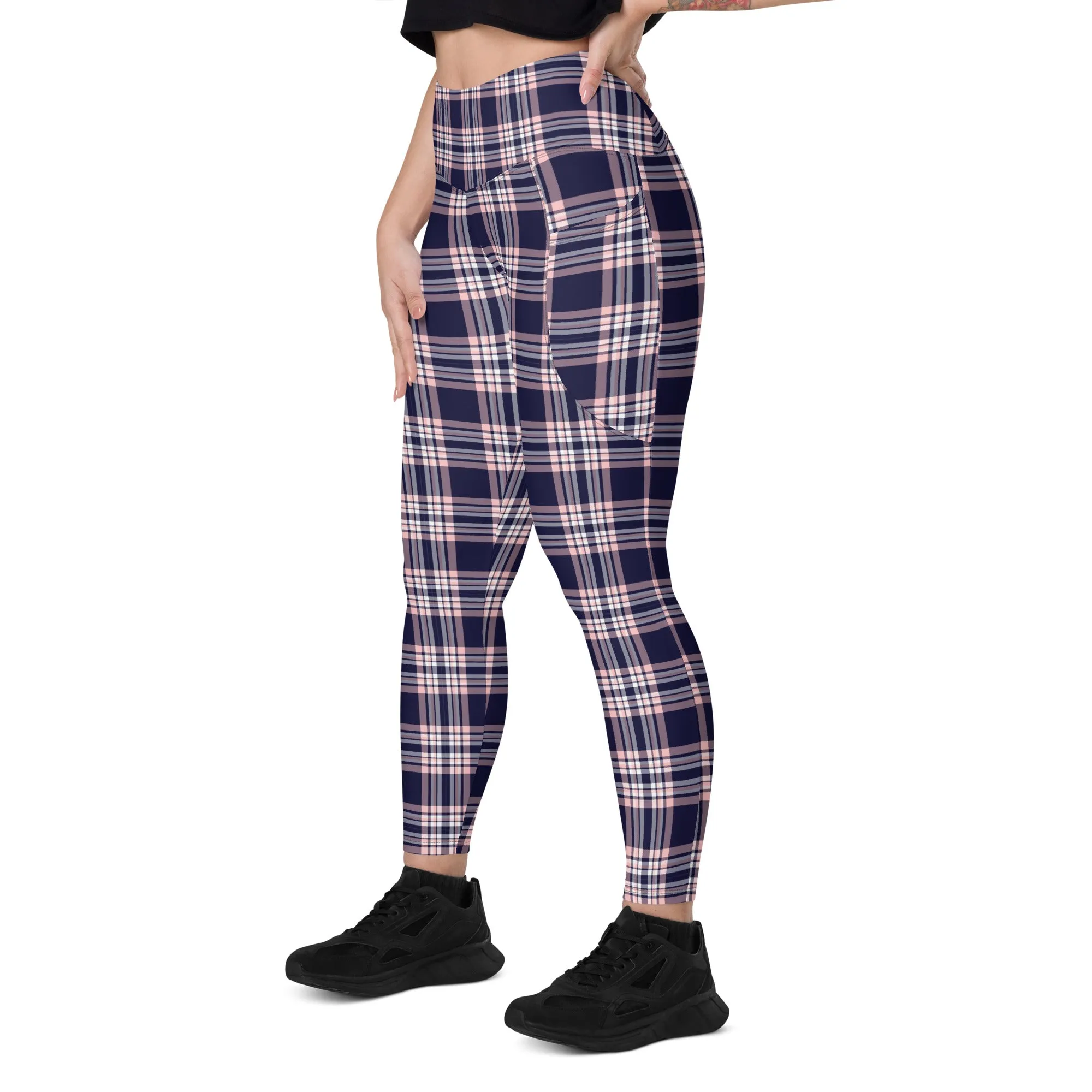 Plaid Women Leggings with Pockets, Purple Pink Tartan Printed Yoga Pants Graphic Workout Running Gym Designer Plus Size Tights