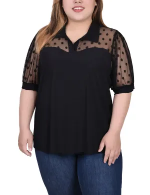 Plus Size Short Sleeve Top With Dotted Mesh